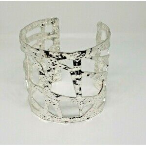 Silver Tone Cuff Bracelet Metal Geometric Cut Outs Heavy Weight Open Work